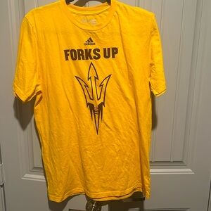 Adidas forks up yellow and maroon short sleeve tee shirt